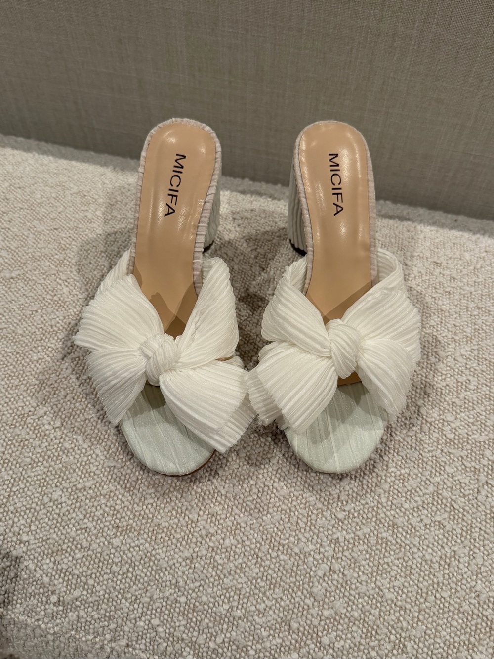 Cream Bow Slip-On Heeled Sandals